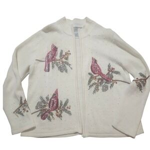 Tiara‎ International Christmas Cardinal Sequin Embroidered Cardigan Sweater Med